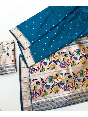 Graceful Morpich Blue Paithani Banarasi Silk Saree With Zari Woven Border & Floral Designer Pallu - Image 2