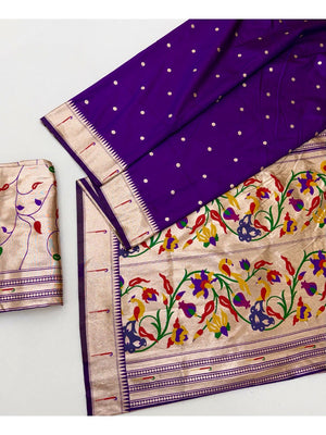 Graceful Violet Paithani Banarasi Silk Saree With Zari Woven Border & Floral Designer Pallu - Image 2