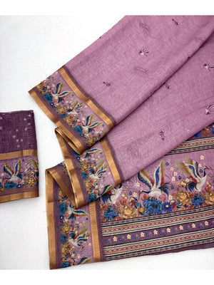 Elegant Mauve Pure Cotton Saree with Digital Print and Zari Border - Image 2