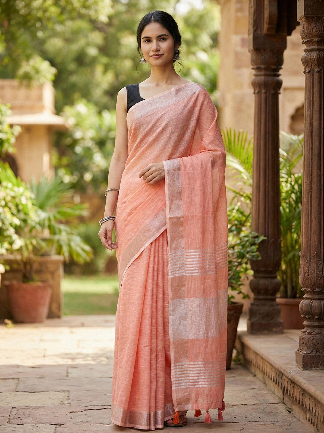 Peach Linen Saree with Subtle Zari Detailing Lightweight Occasion Wear - Image 1
