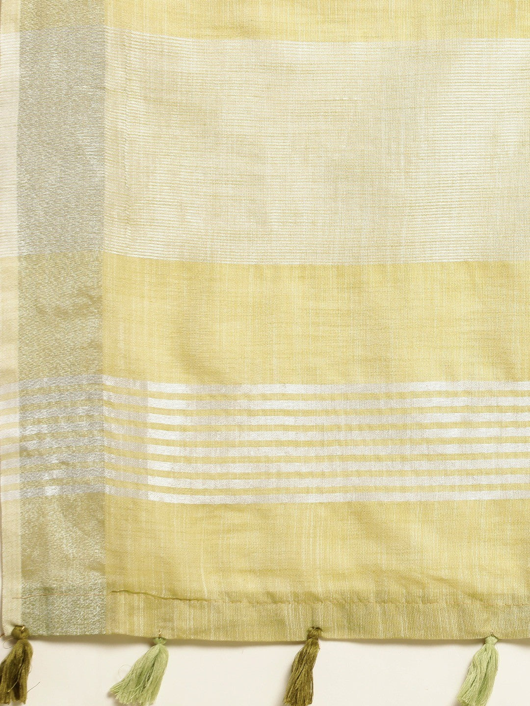Pastle Olive Linen Saree with Subtle Zari Detailing Lightweight Occasion Wear - Image 3