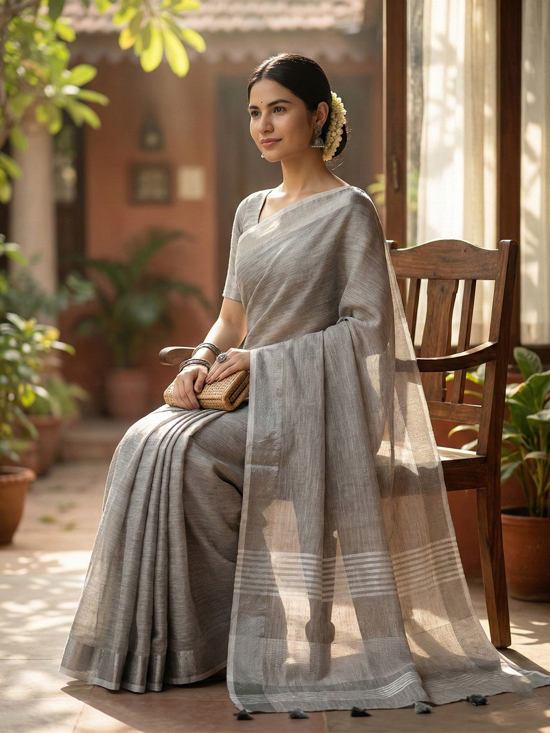 Grey Linen Saree with Subtle Zari Detailing Lightweight Occasion Wear - Image 5