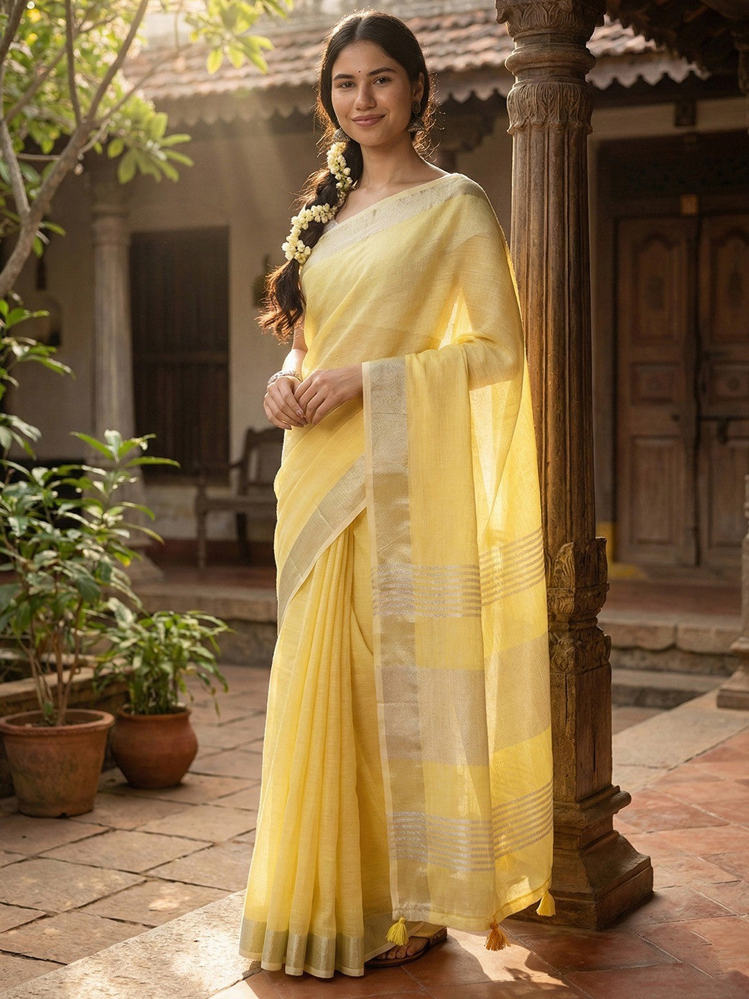 Yellow Linen Saree with Subtle Zari Detailing Lightweight Occasion Wear - Image 1