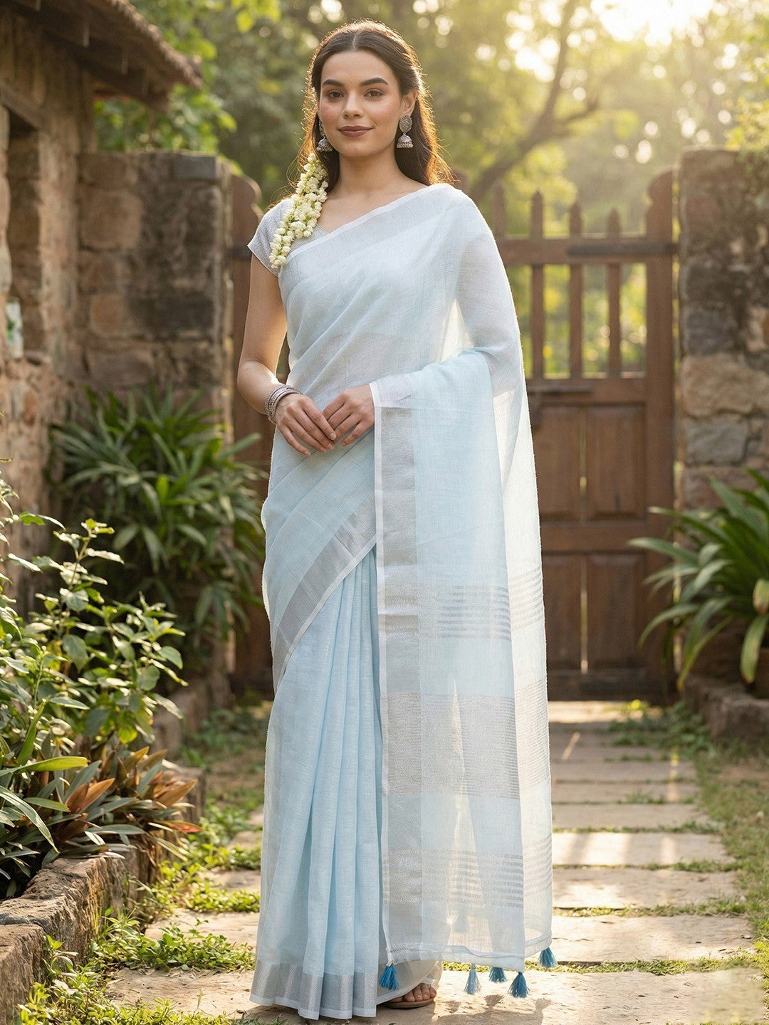 Pastle Blue Linen Saree with Subtle Zari Detailing Lightweight Occasion Wear - Image 1
