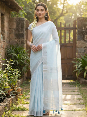 Pastle Blue Linen Saree with Subtle Zari Detailing Lightweight Occasion Wear - Image 1