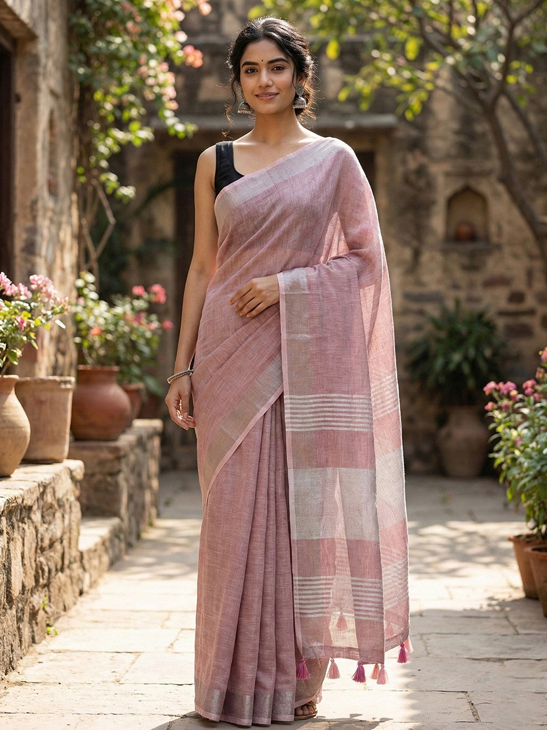 Purple Linen Saree with Subtle Zari Detailing Lightweight Occasion Wear  - Image 1