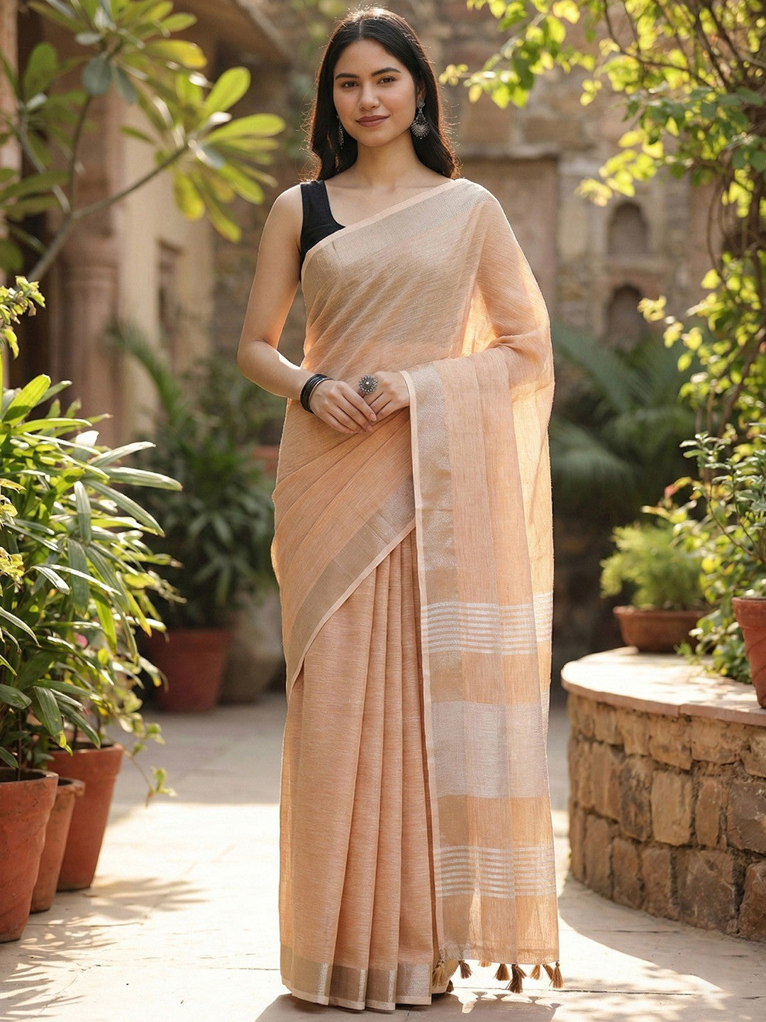 Nude Peach Linen Saree with Subtle Zari Detailing Lightweight Occasion Wear - Image 1