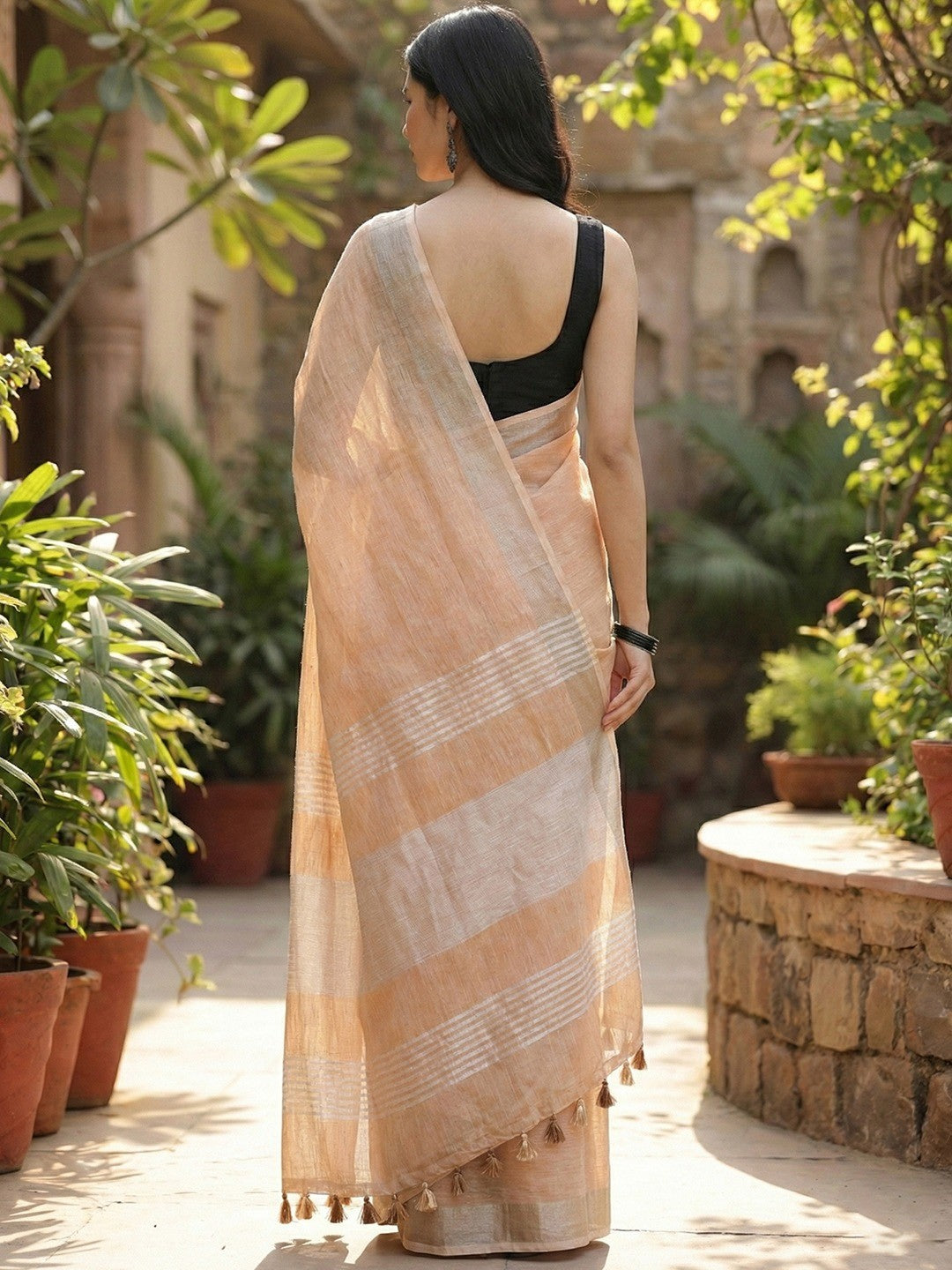 Nude Peach Linen Saree with Subtle Zari Detailing Lightweight Occasion Wear - Image 2