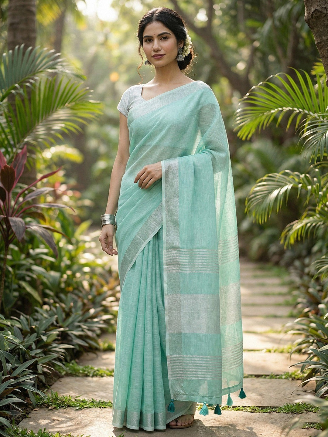 Rama Blue Linen Saree with Subtle Zari Detailing Lightweight Occasion Wear - Image 1