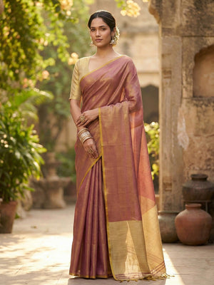 Classic Mauve Solid Tissue Silk Saree Featuring Intricate Zari Weaving & Tassel Pallu - Image 1