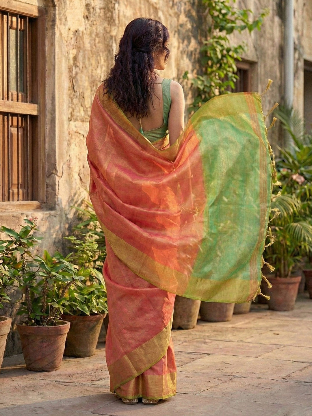 Classic Pink Solid Tissue Silk Saree Featuring Intricate Zari Weaving & Tassel Pallu - Image 3