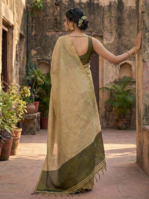 Classic Cream Solid Tissue Silk Saree Featuring Intricate Zari Weaving & Tassel Pallu - Image 2