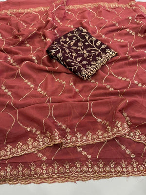 Sophisticated Coral Red Georgette Saree Showcasing Sequins & Golden Thread Embroidery - Image 2
