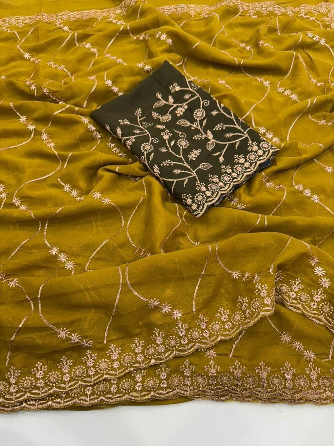 Sophisticated Dark Mustard Georgette Saree Showcasing Sequins & Golden Thread Embroidery - Image 2