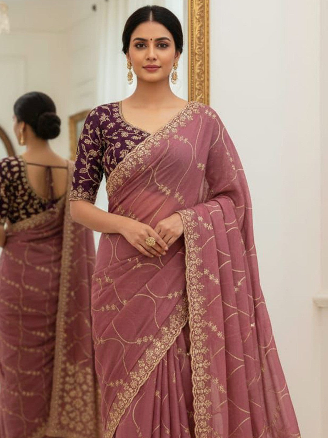 Sophisticated Wine Georgette Saree Showcasing Sequins & Golden Thread Embroidery - Image 3