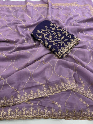 Sophisticated Lavender Georgette Saree Showcasing Sequins & Golden Thread Embroidery - Image 3