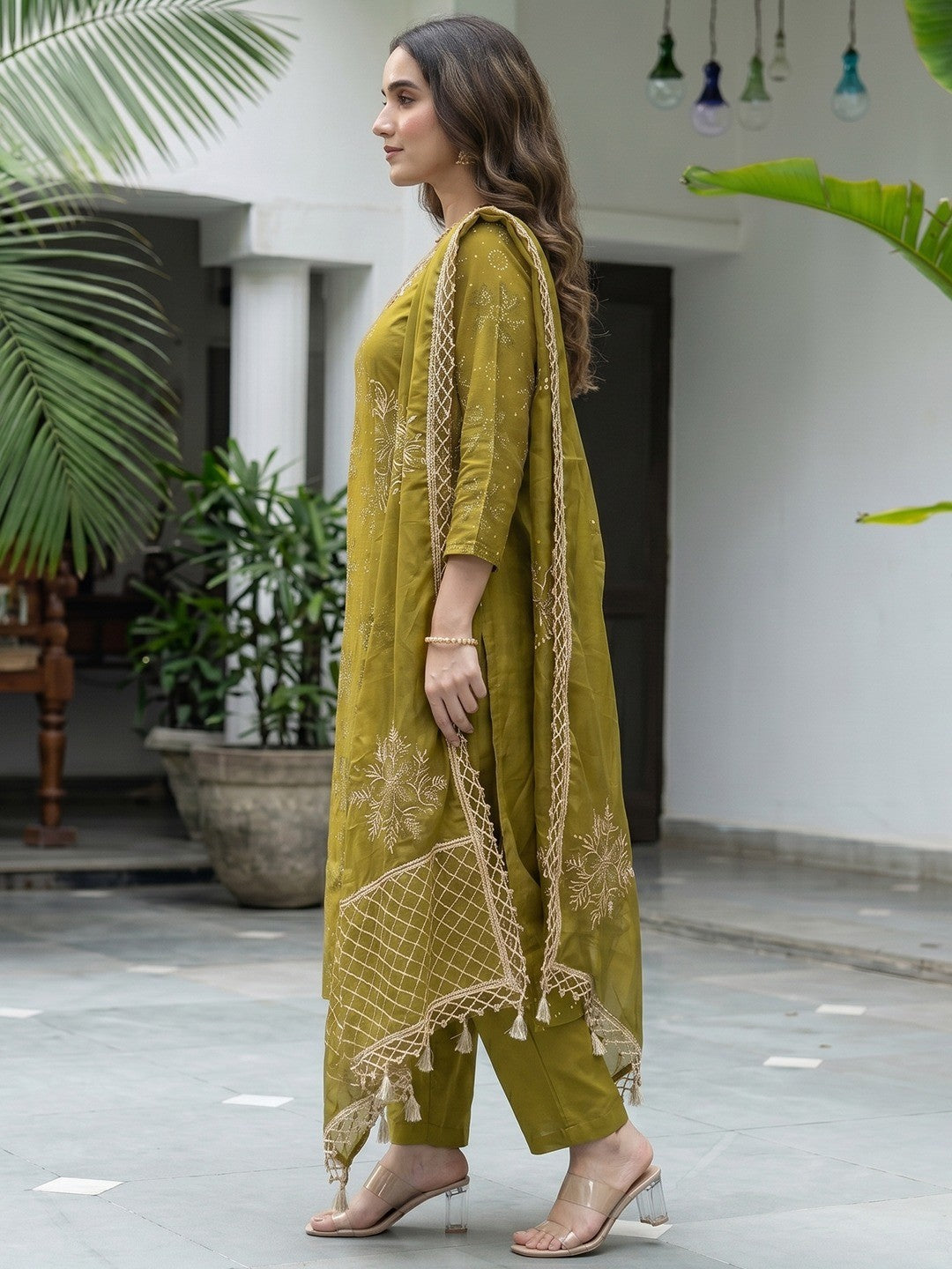 Green Printed Mulmul Cotton Kurta Set with Dupatta Minimal Elegant Look - Image 3
