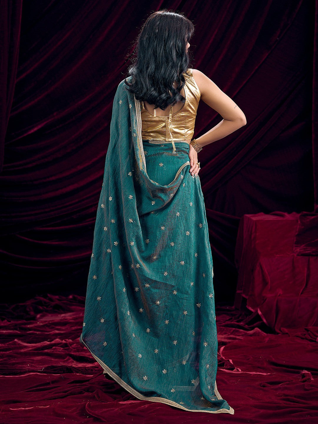 Graceful Teal Art Silk Saree Featuring Floral Sequins Embroidery & Lace Border - Image 3