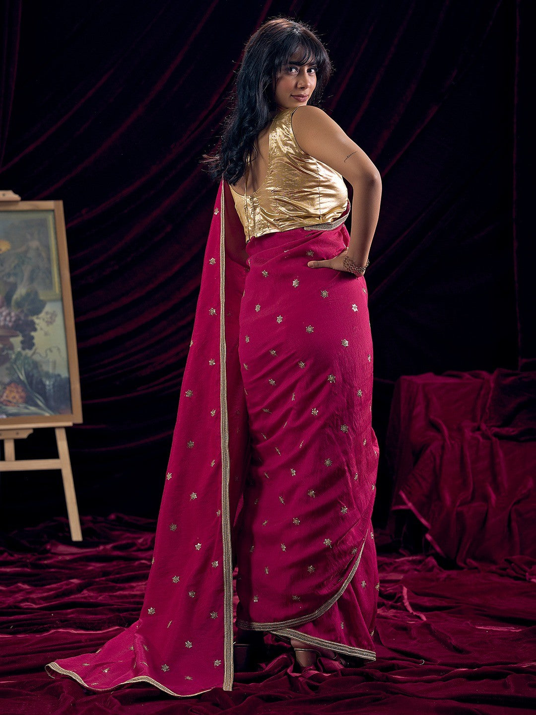 Graceful Pink Art Silk Saree Featuring Floral Sequins Embroidery & Lace Border - Image 4