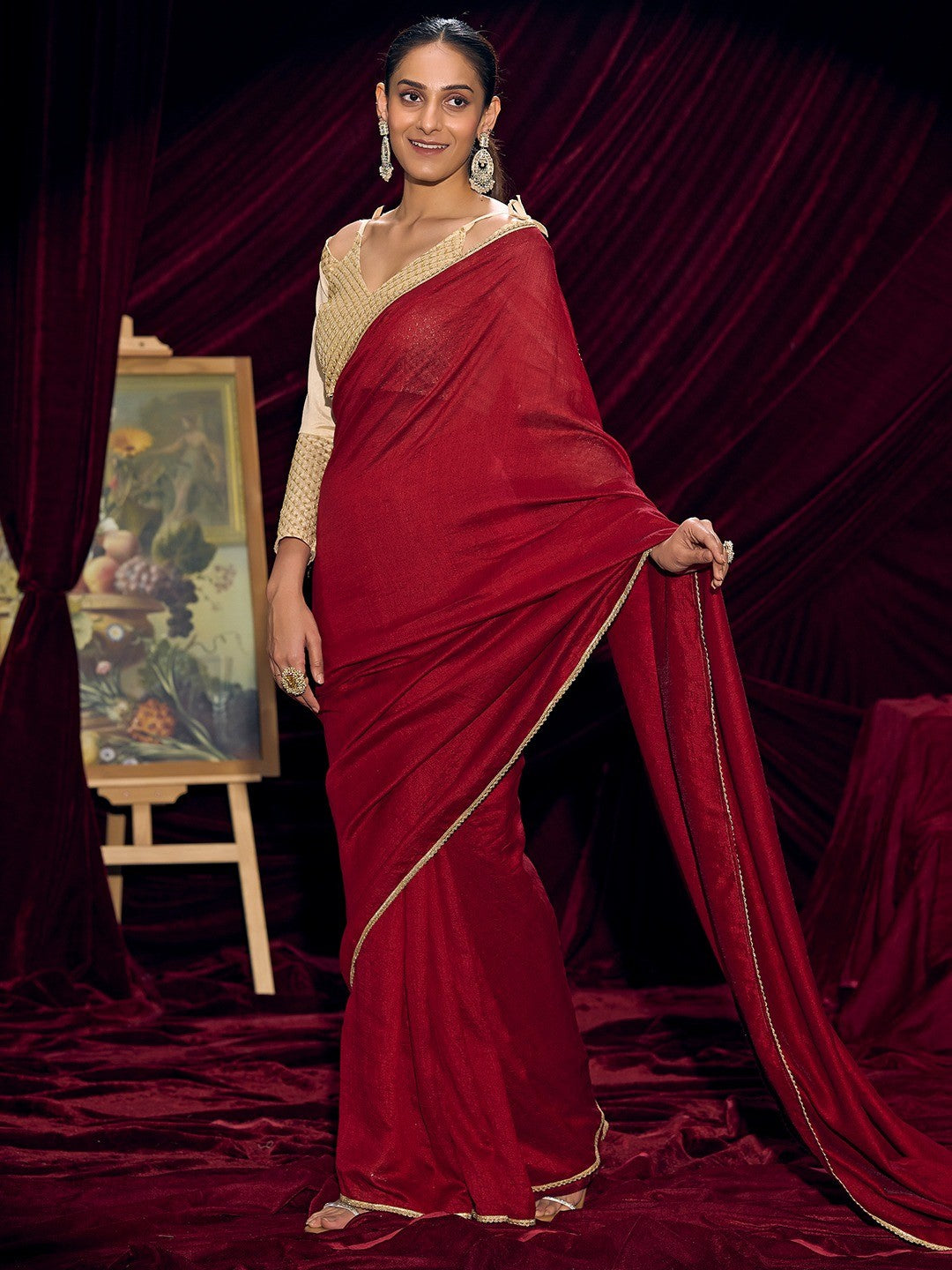 Premium Maroon Solid Art Silk Saree with Designer Cream Embroidered Blouse - Image 2