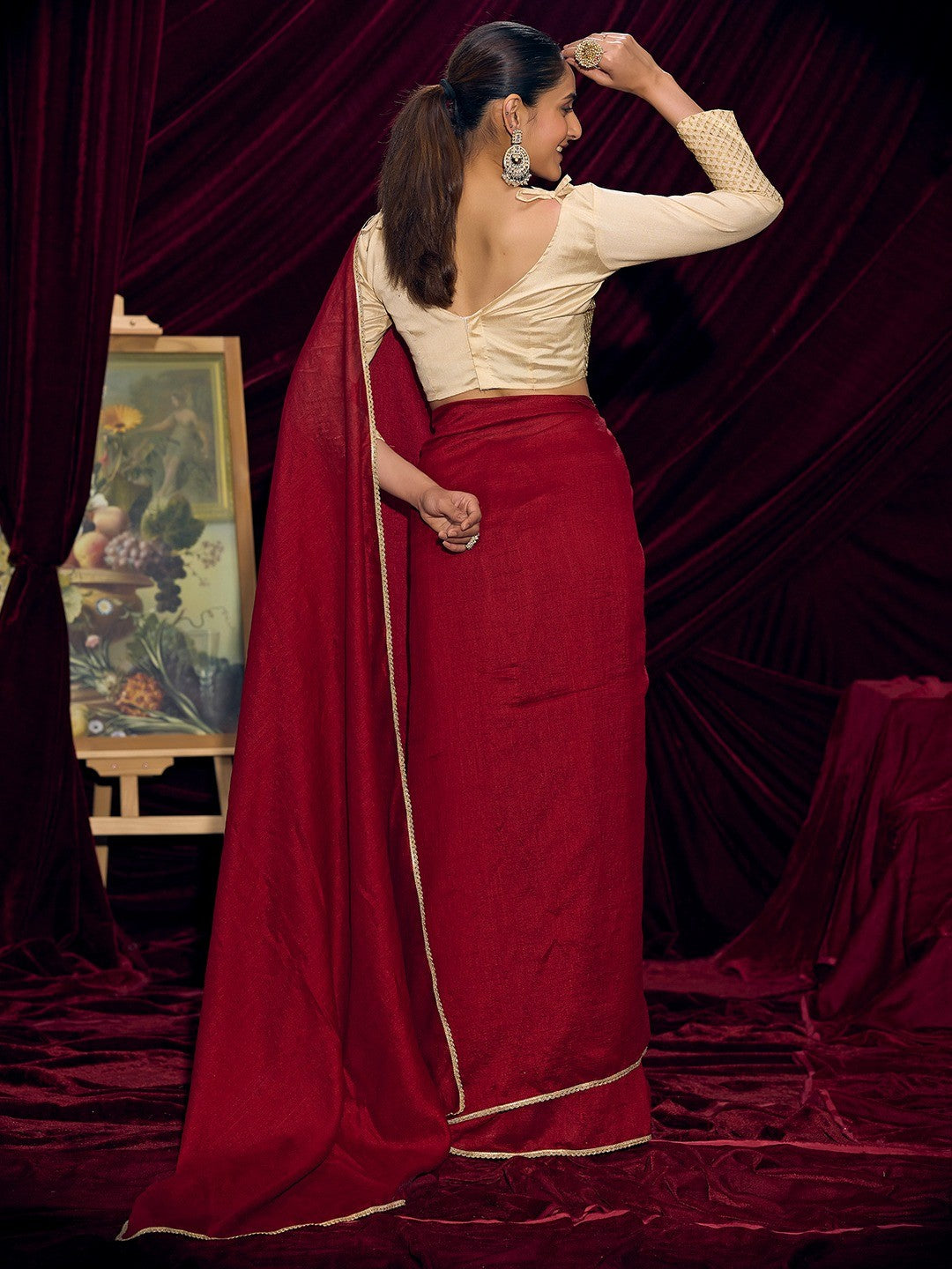 Premium Maroon Solid Art Silk Saree with Designer Cream Embroidered Blouse - Image 3