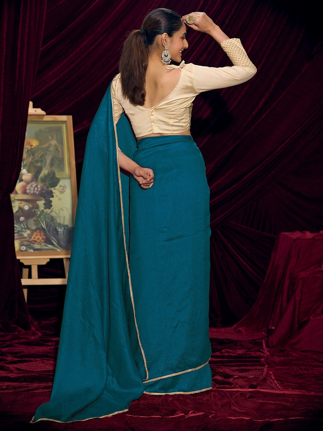 Premium Teal Solid Art Silk Saree with Designer Cream Embroidered Blouse - Image 5