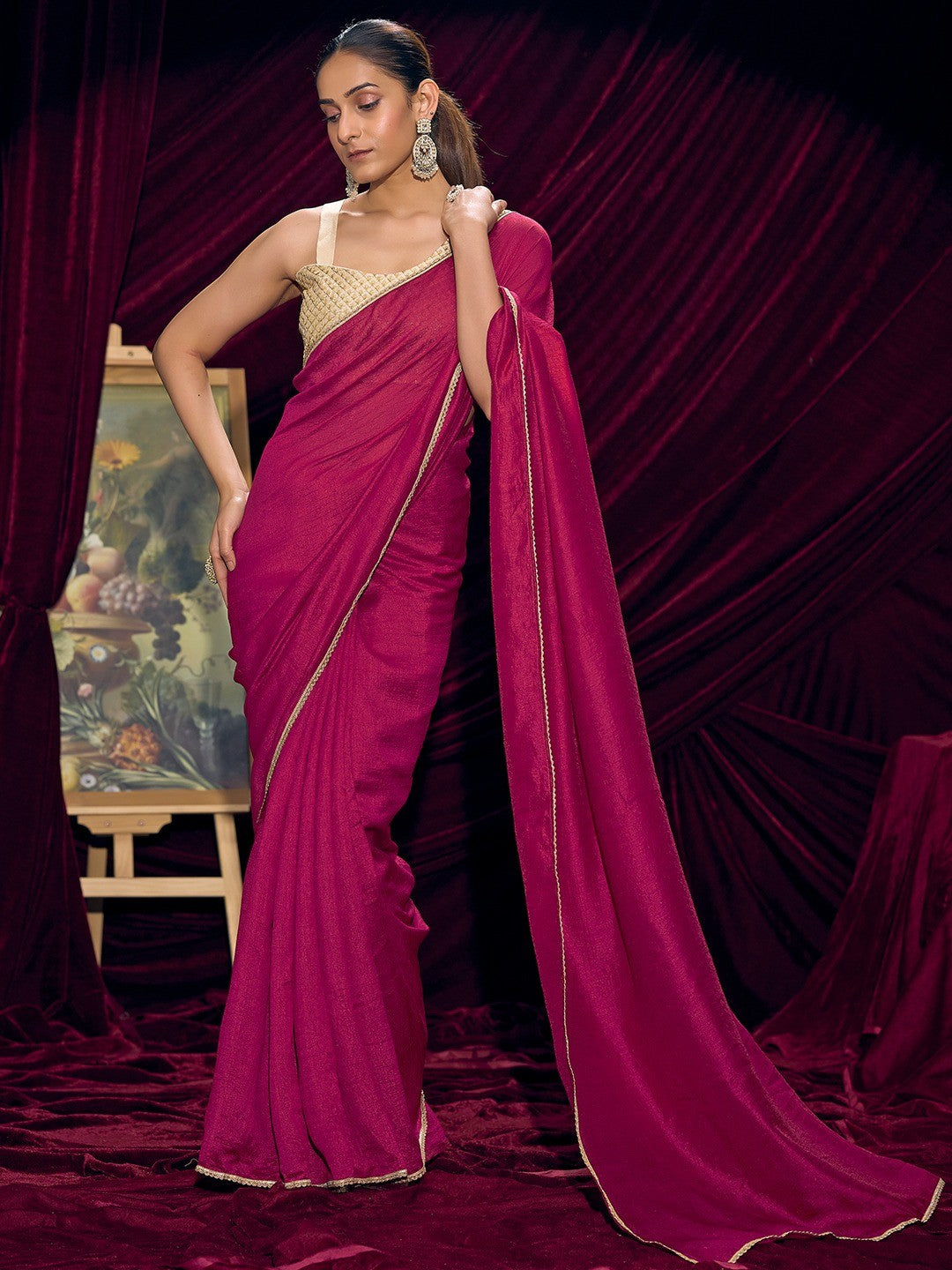 Premium Pink Solid Art Silk Saree with Designer Cream Embroidered Blouse - Image 5