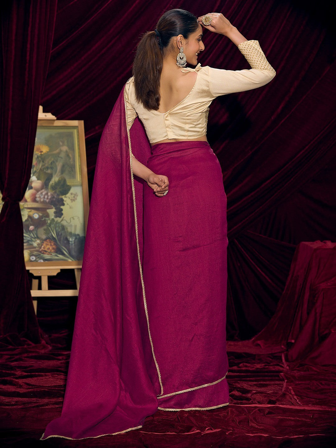 Premium Pink Solid Art Silk Saree with Designer Cream Embroidered Blouse - Image 3