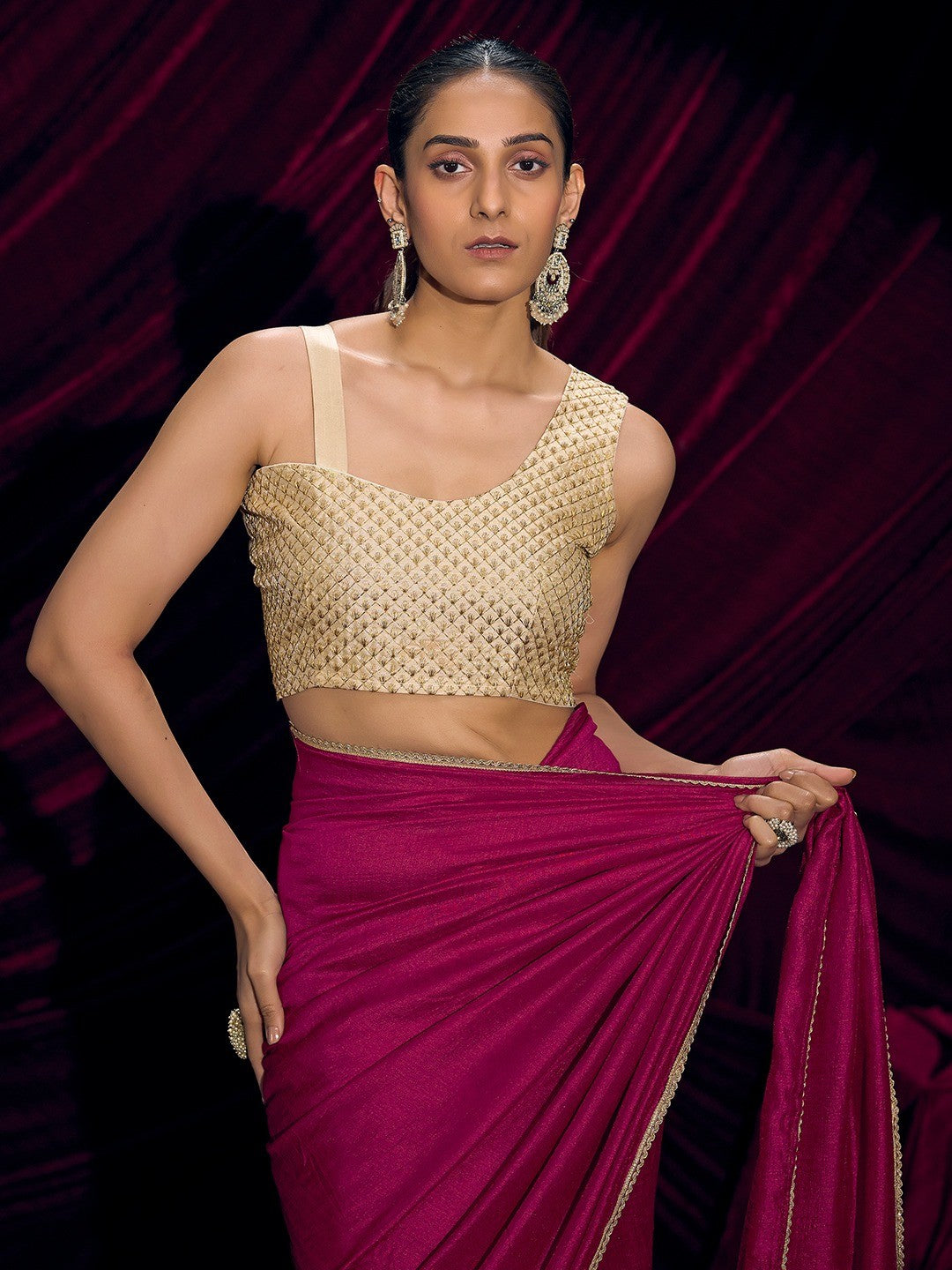 Premium Pink Solid Art Silk Saree with Designer Cream Embroidered Blouse - Image 4