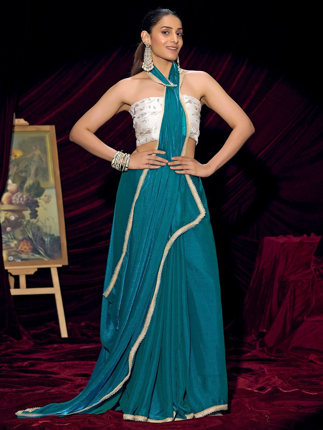 Classic Teal Blue Solid Art Silk Saree With Refined Lace Border Work - Image 2