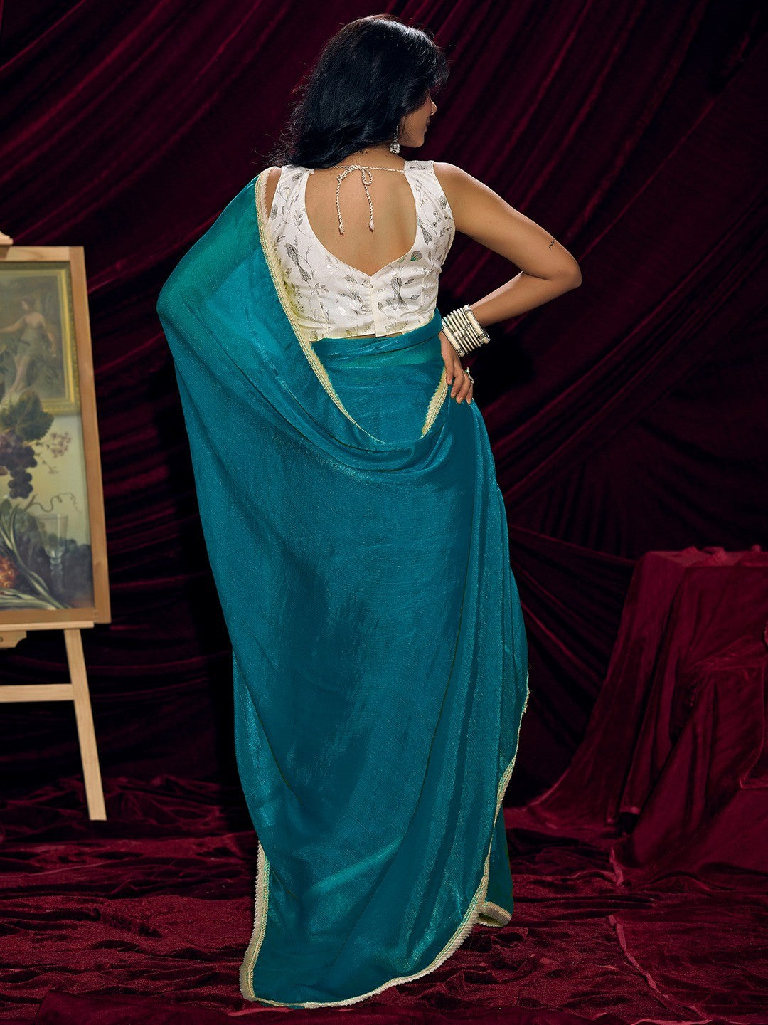 Classic Teal Blue Solid Art Silk Saree With Refined Lace Border Work - Image 3