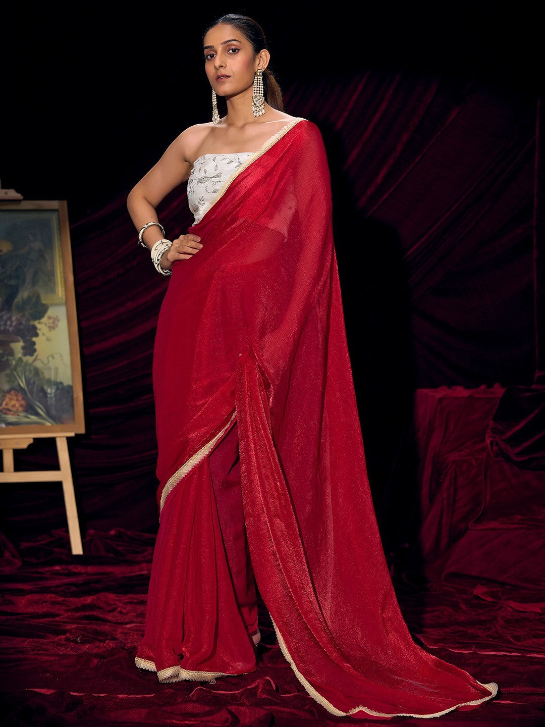 Classic Red Solid Art Silk Saree With Refined Lace Border Work - Image 5