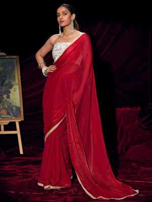 Classic Red Solid Art Silk Saree With Refined Lace Border Work - Image 2