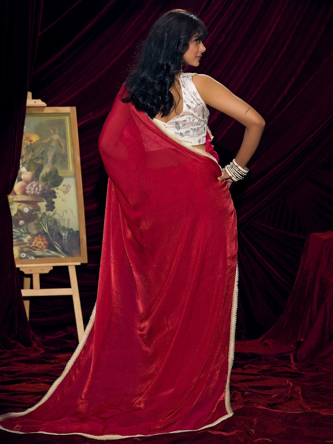 Classic Red Solid Art Silk Saree With Refined Lace Border Work - Image 4