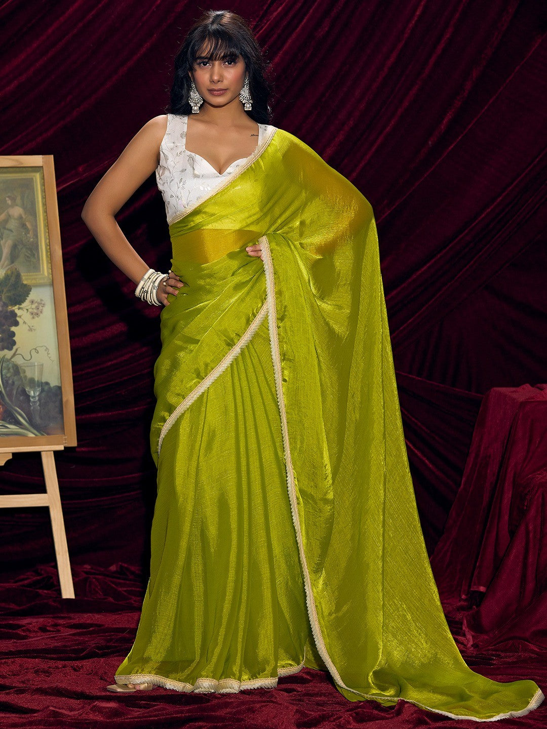 Classic Parrot Green Solid Art Silk Saree With Refined Lace Border Work - Image 1