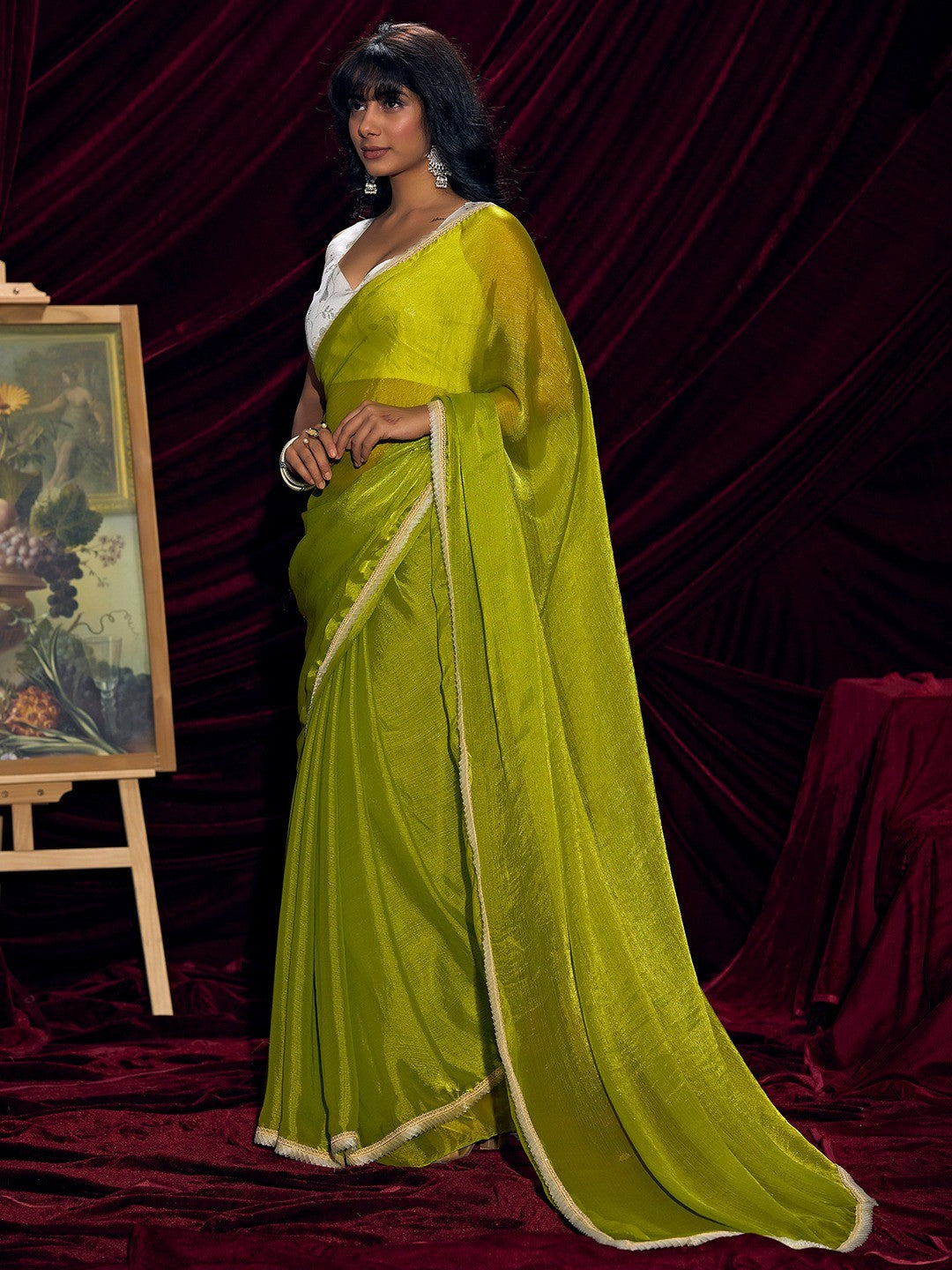 Classic Parrot Green Solid Art Silk Saree With Refined Lace Border Work - Image 2