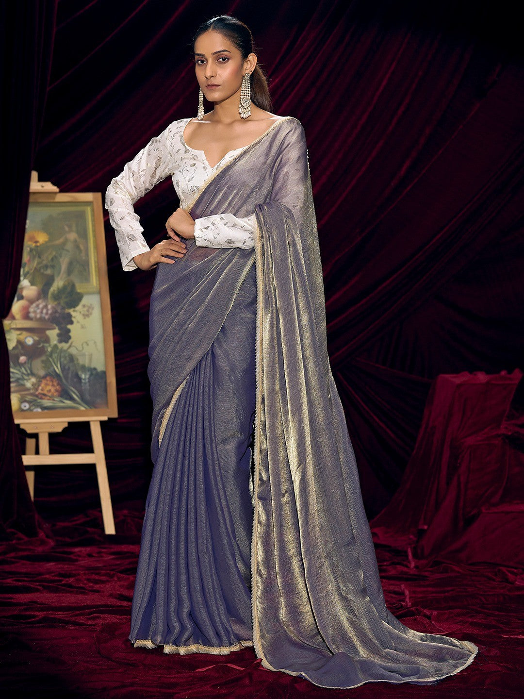 Classic Greyish Purple Solid Art Silk Saree With Refined Lace Border Work - Image 3