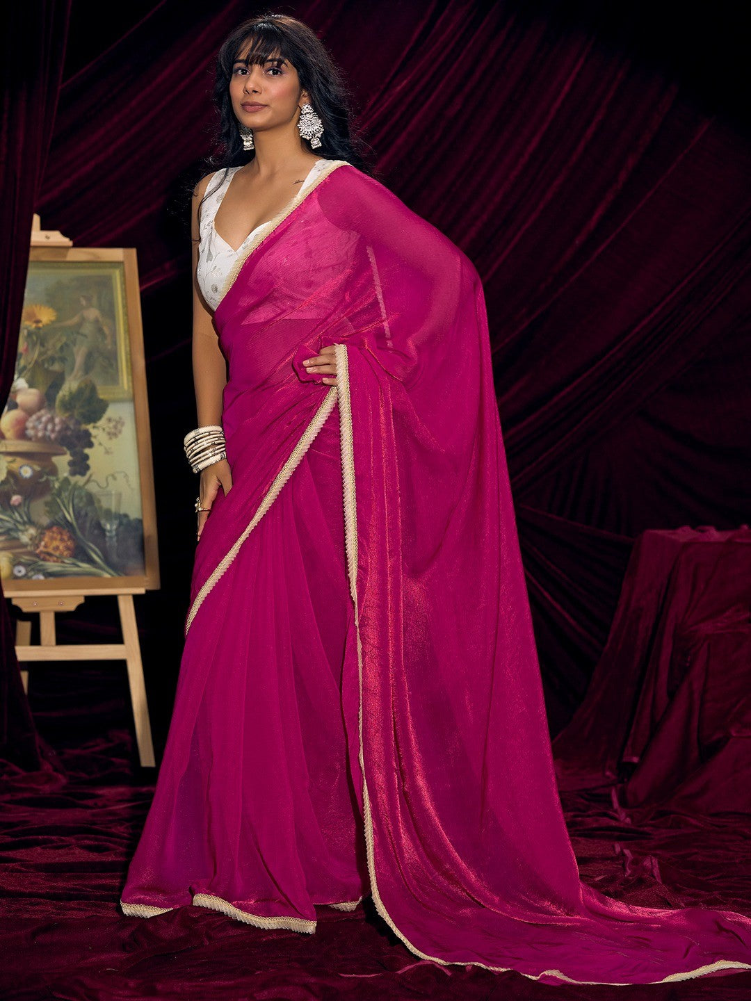 Classic Pink Solid Art Silk Saree With Refined Lace Border Work - Image 4