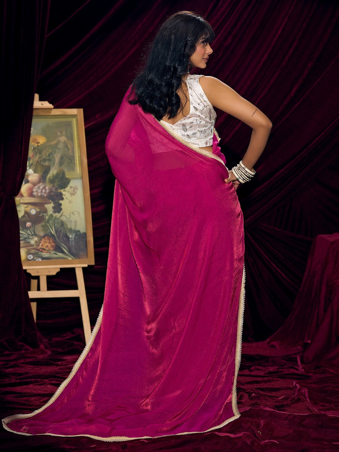 Classic Pink Solid Art Silk Saree With Refined Lace Border Work - Image 3