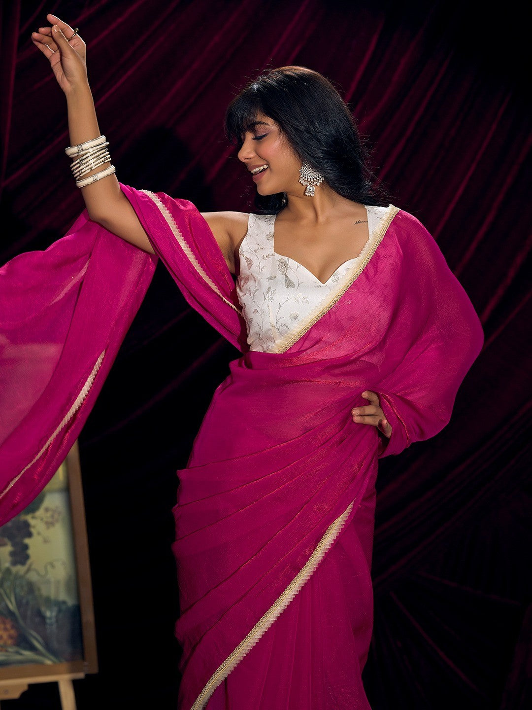 Classic Pink Solid Art Silk Saree With Refined Lace Border Work - Image 2