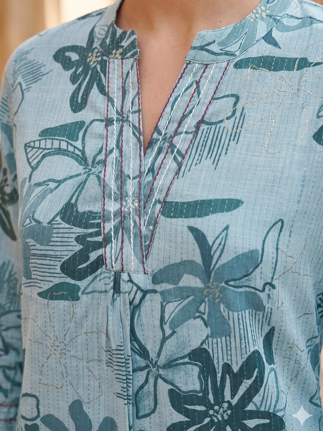 Premium Sea Green Rayon Top with Floral Design Elegant Casual Look - Image 5