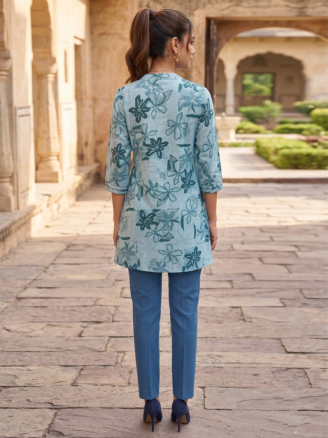 Premium Sea Green Rayon Top with Floral Design Elegant Casual Look - Image 4