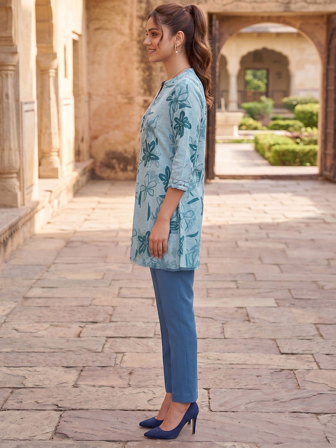 Premium Sea Green Rayon Top with Floral Design Elegant Casual Look - Image 3
