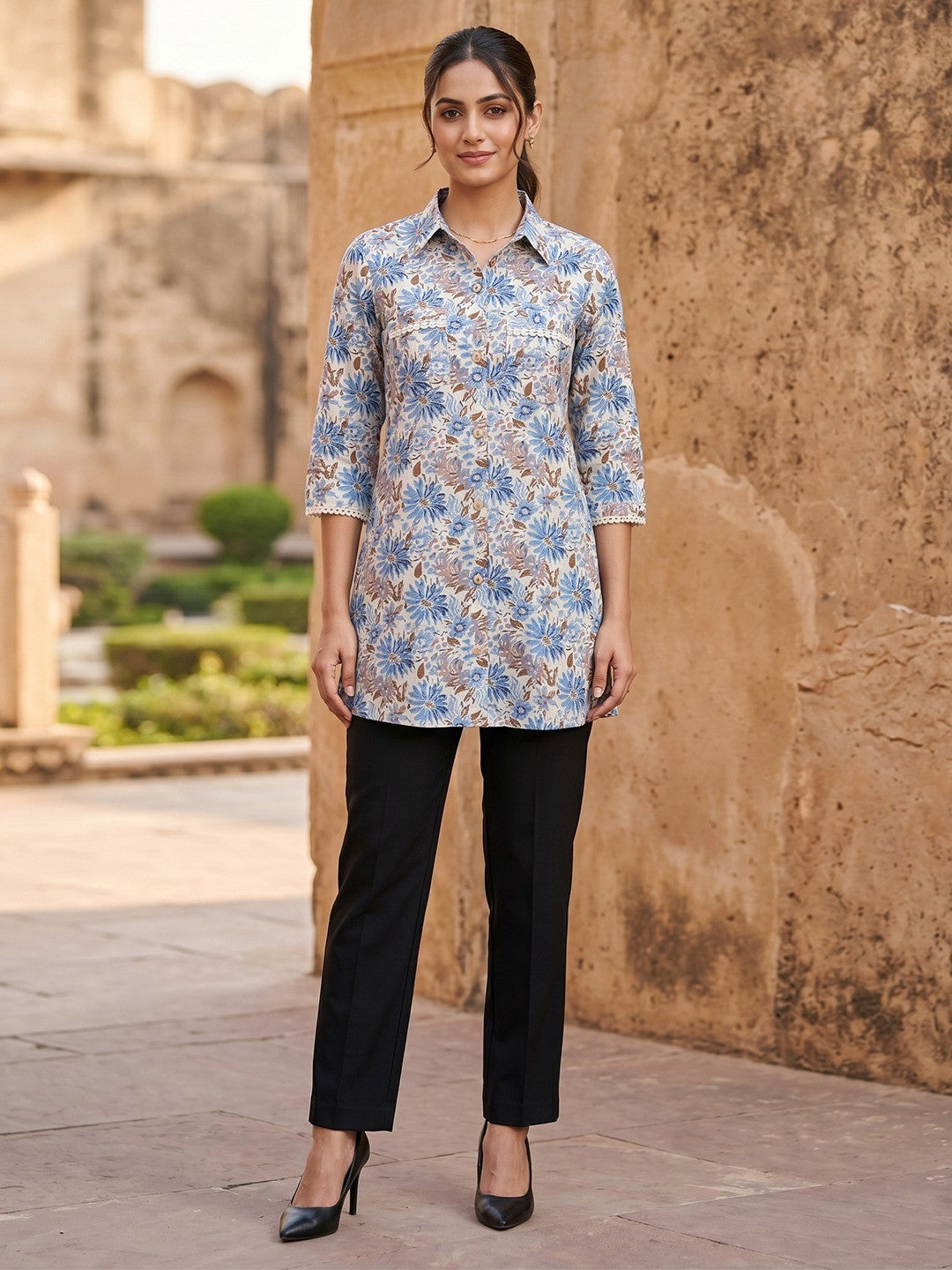 Chic Cream Floral Printed Pure Cotton Top Trendy Casual Wear - Image 3