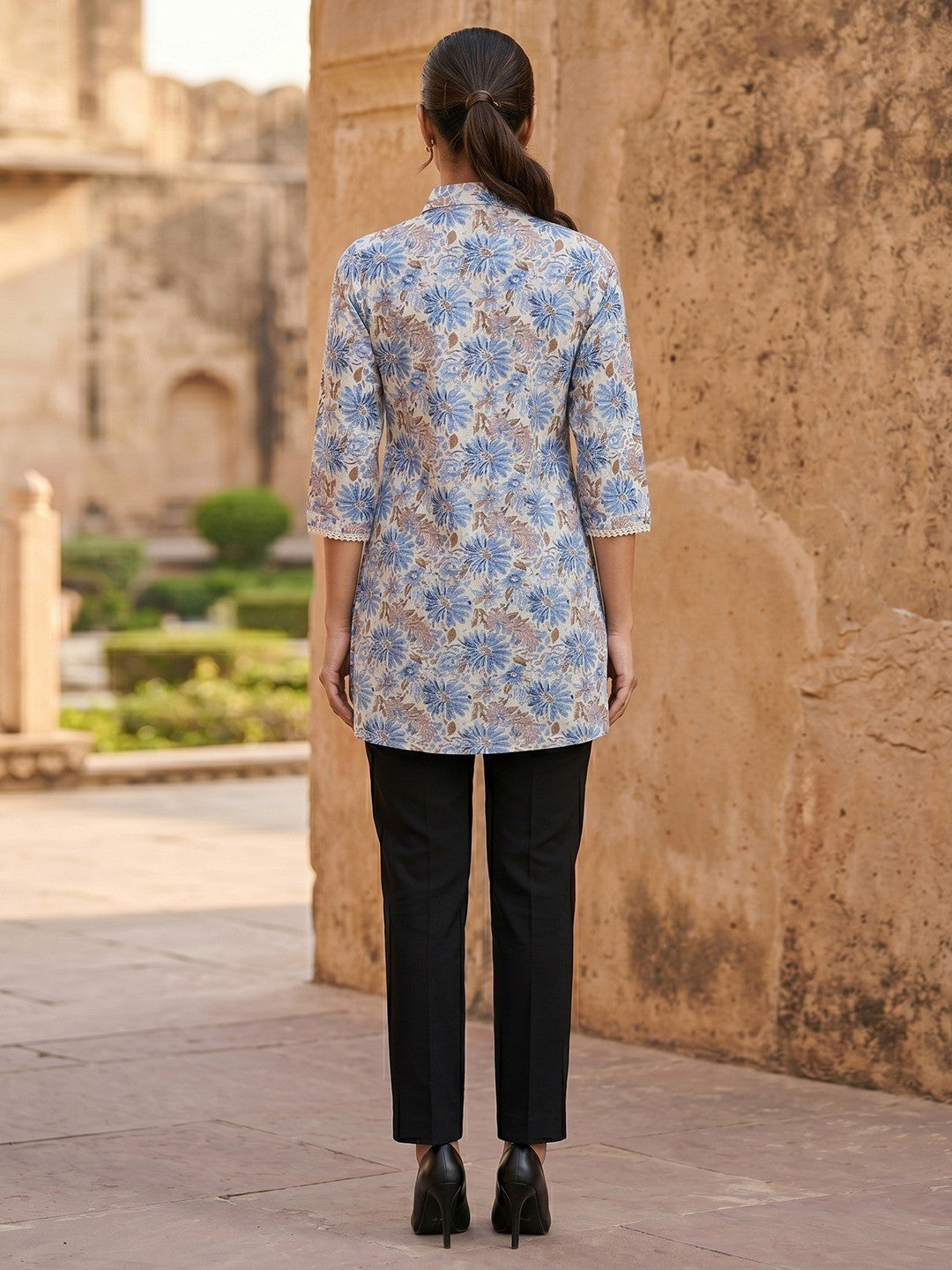 Chic Cream Floral Printed Pure Cotton Top Trendy Casual Wear - Image 5
