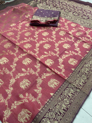 Elegant Mauve Silk Blend Woven Zari Saree with Intricate Elephant Motifs - Image 2