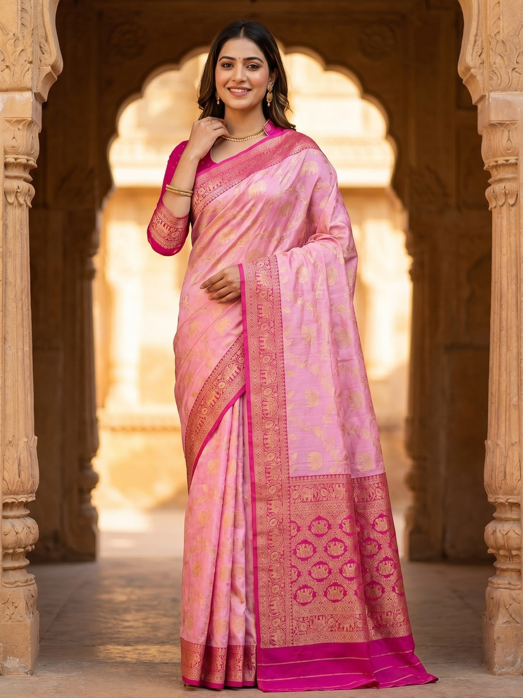 Elegant Pink Silk Blend Woven Zari Saree with Intricate Elephant Motifs - Image 1