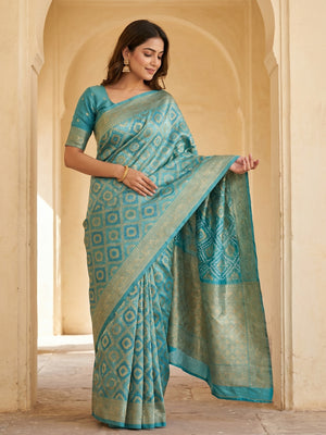 Elegant Blue Silk Blend Saree with Zari Work - Image 1