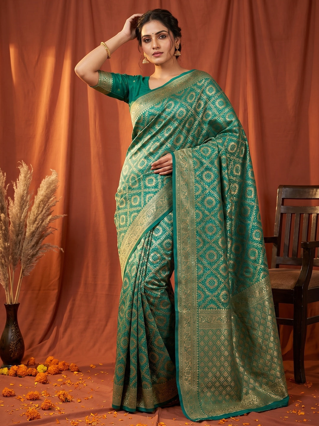 Classic Rama Green Silk Blend Saree with Zari Work Refined Festive Appeal - Image 1