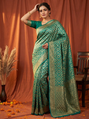 Classic Rama Green Silk Blend Saree with Zari Work Refined Festive Appeal - Image 1